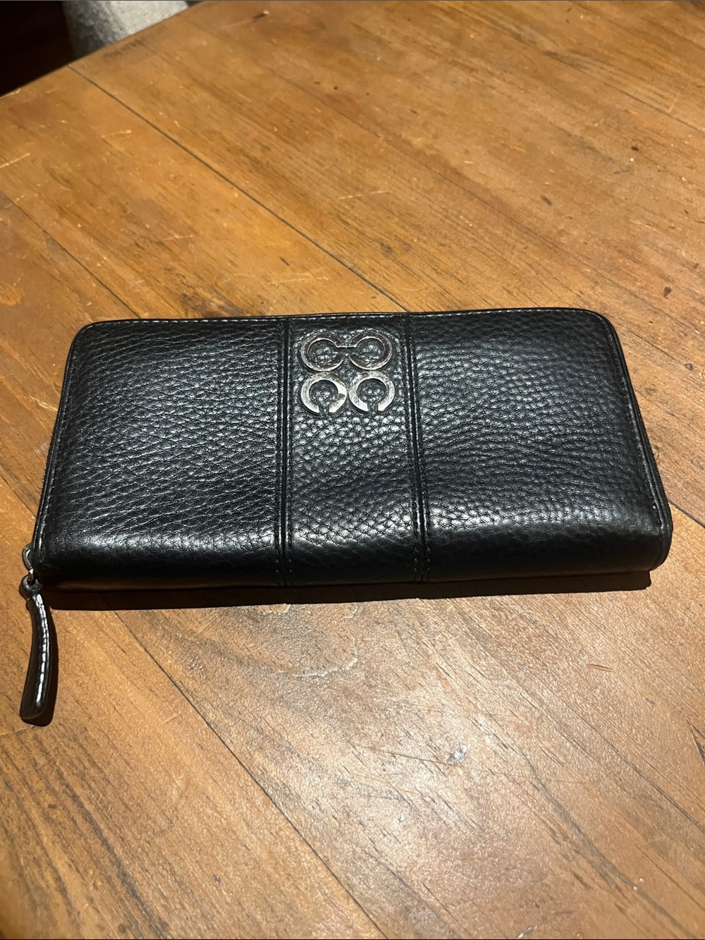 Coach Black Pebbled Leather Zip Wallet with Silver Logo